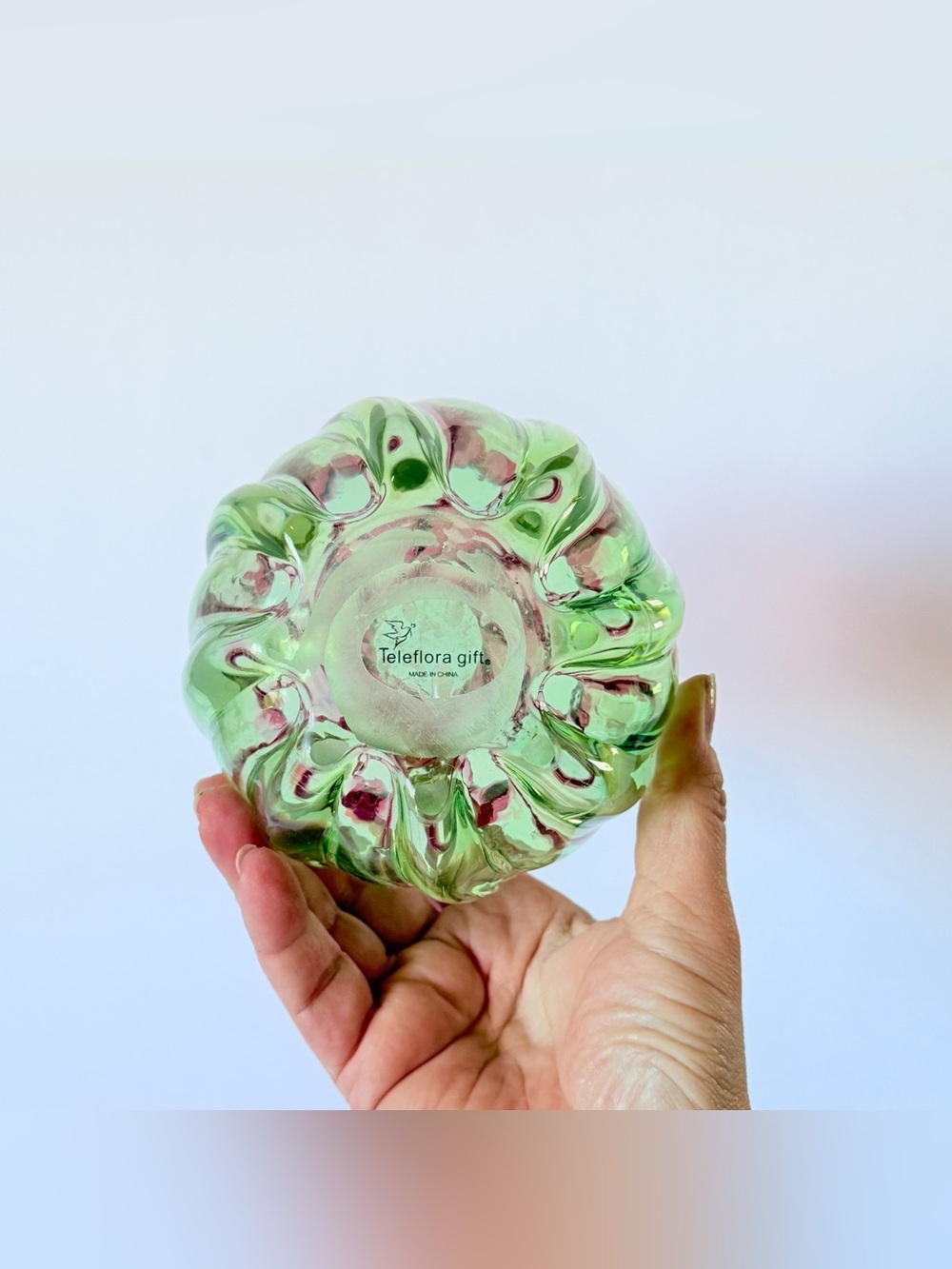 Vintage Teleflora Watermelon Swirl Hand Blown Art Glass Vase Ruffled - Picture 8 of 11